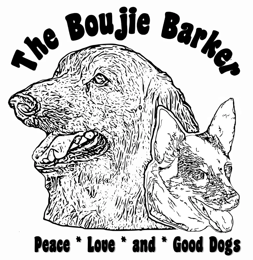 The Boujie Barker artwork: two dogs with 'Peace, Love and Good Dogs'